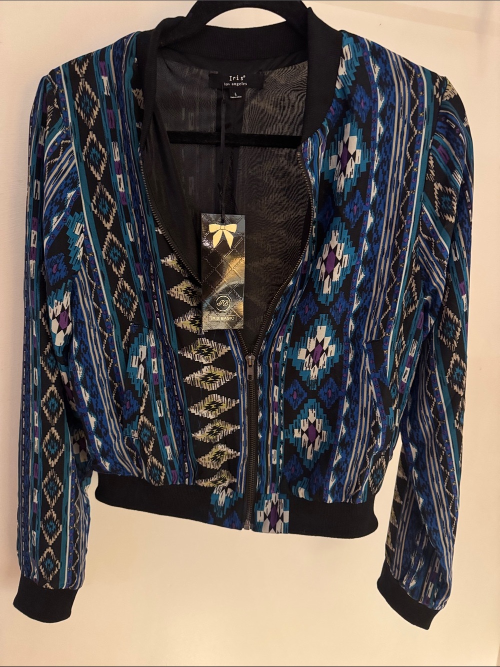 NWT iris Blue & Black Patterned Aztec-Inspired lightweight Jacket